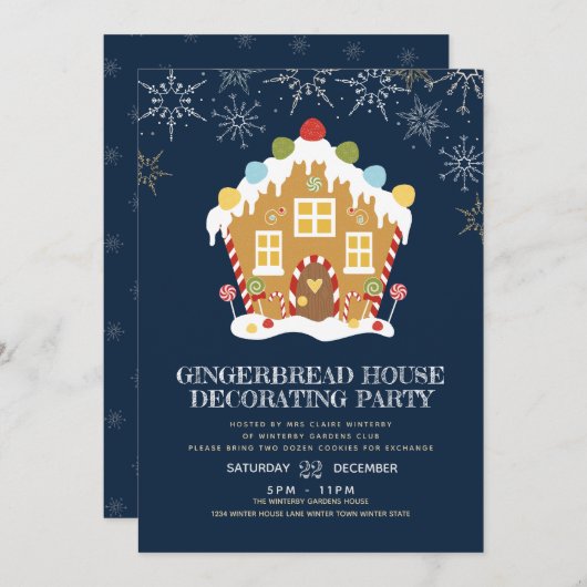 Navy Gingerbread House Decoration Party Einladung (Vorne/Hinten)