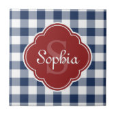 Navy Gingham Red Quatrefoil Monogramm Fliese (Vorderseite)