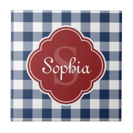 Navy Gingham Red Quatrefoil Monogramm Fliese