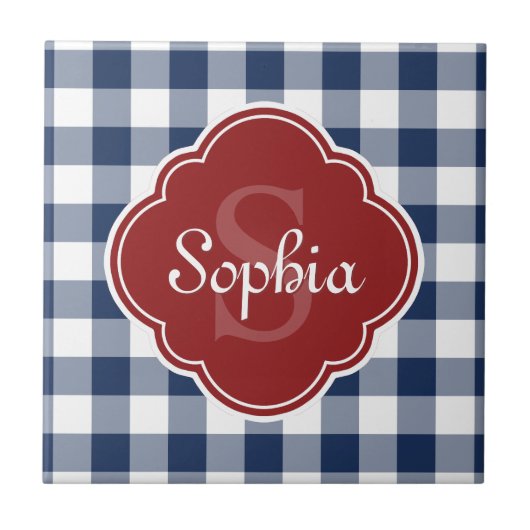 Navy Gingham Red Quatrefoil Monogramm Fliese (Vorderseite)