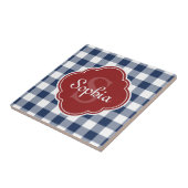 Navy Gingham Red Quatrefoil Monogramm Fliese (Seite)