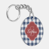 Navy Gingham Red Quatrefoil Monogramm Schlüsselanhänger (Vorderseite links)