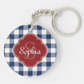Navy Gingham Red Quatrefoil Monogramm Schlüsselanhänger (Rückseite)