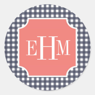 Navy Gingham Runder Aufkleber