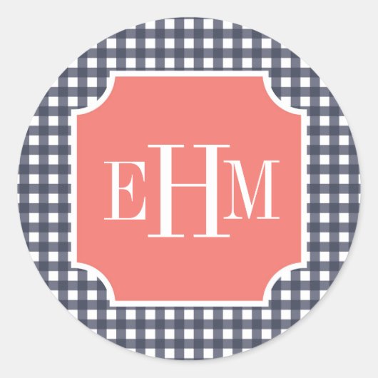 Navy Gingham Runder Aufkleber (Vorderseite)