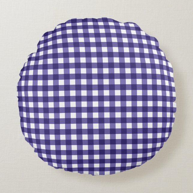 Navy Gingham Rundes Kissen (Vorderseite)