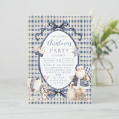Navy Gingham Weihnachtsmann Weihnachten Einladung (Stehend Vorderseite)