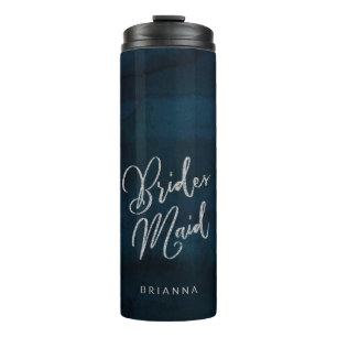 Navy Glanz Dunkelblau Silber Monogramm Brautjungfe Thermosbecher