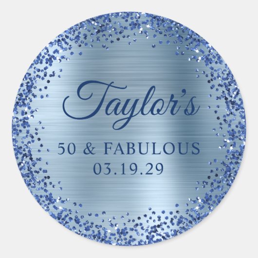 Navy Glitter Hellblau Folie 50 & Fabulous Runder Aufkleber (Vorderseite)
