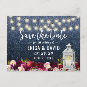 Navy Glitter Rustic Laterne Blumen Save-the-Date Ankündigungspostkarte