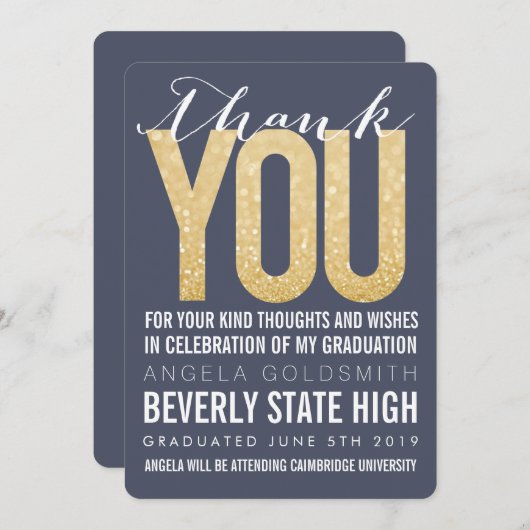 Navy Glitzer Typografie Abschluss Danke Karte (Vorne/Hinten)