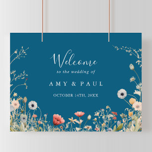 Navy Glückliches Boho Wildblumen Hochzeits Willkom Poster