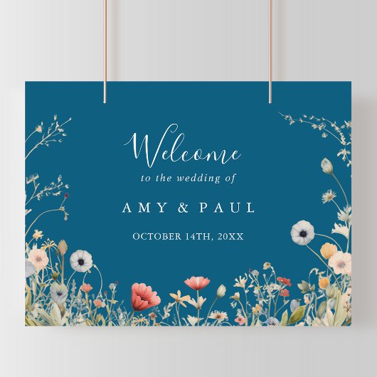 Navy Glückliches Boho Wildblumen Hochzeits Willkom Poster