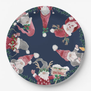 Navy Gnomes Red Gray Christmas Watercolor Foliage Pappteller