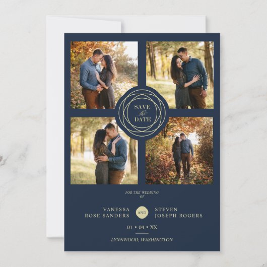 Navy Gold 4 Fotos Moderne Collage Wedding Script (Vorderseite)