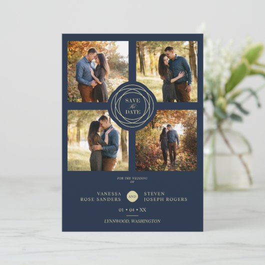 Navy Gold 4 Fotos Moderne Collage Wedding Script (Stehend Vorderseite)
