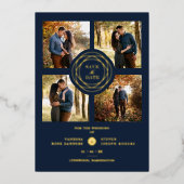 Navy Gold 4 Fotos Moderne Collage Wedding Script Folieneinladung (Vorderseite)