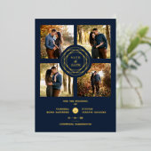 Navy Gold 4 Fotos Moderne Collage Wedding Script Folieneinladung (Stehend vorne)