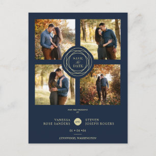 Navy Gold 4 Fotos Moderne Collage Wedding Script Postkarte