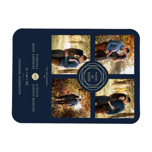 Navy Gold 4 Photos Modern Collage Wedding Script Magnet (Horizontal)