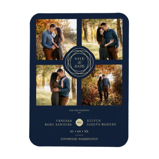 Navy Gold 4 Photos Modern Collage Wedding Script Magnet (Vertikal)