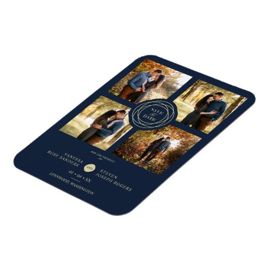 Navy Gold 4 Photos Modern Collage Wedding Script Magnet (Linke Seite)