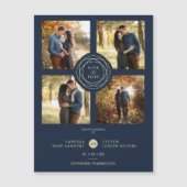 Navy Gold 4 Photos Modern Collage Wedding Script Magnetkarte (Vorderseite)