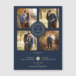 Navy Gold 4 Photos Modern Collage Wedding Script Magnetkarte