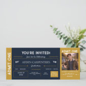 Navy & Gold Abschluss Faux-Ticket |  Einladung (Stehend Vorderseite)