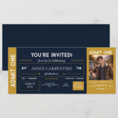 Navy & Gold Abschluss Faux-Ticket |  Einladung (Vorne/Hinten)