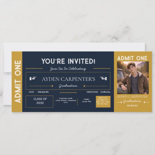 Navy & Gold Abschluss Faux-Ticket |  Einladung (Vorderseite)