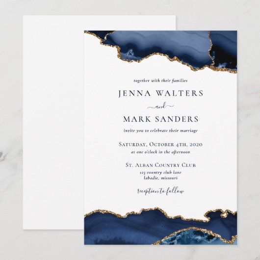 Navy Gold Agate Geode Gemstone Hochzeit Einladung (Vorne/Hinten)