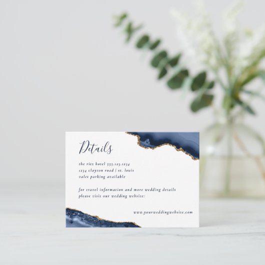 Navy Gold Agate Geode Marble Wedding Begleitkarte (Stehend Vorderseite)