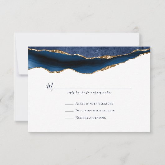 Navy Gold Agate Geode Marble Wedding RSVP Karte (Vorderseite)