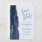 Navy Gold Agate Pale Blue Foto Save the Date Einladung (Vorderseite)