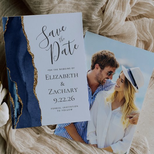 Navy Gold Agate Pale Blue Foto Save the Date Einladung