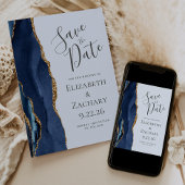 Navy Gold Agate Pale Blue Foto Save the Date Einladung