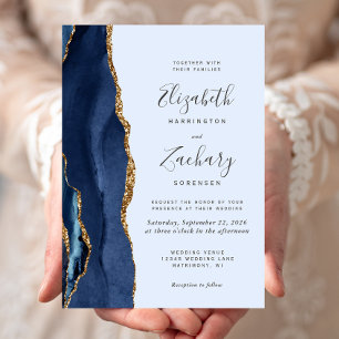 Navy Gold Agate Pale Blue Hochzeit Einladung