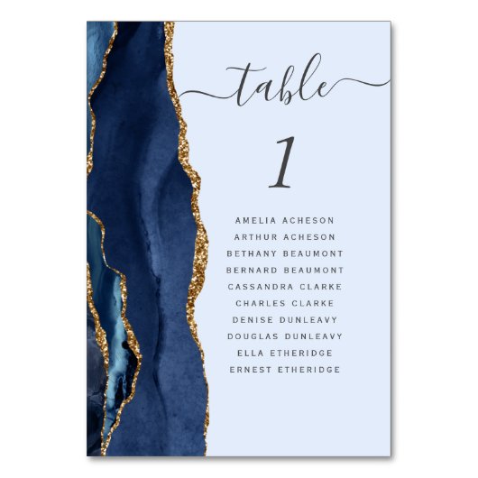 Navy Gold Agate Pale Blue Wedding Tischnummer (Vorderseite)
