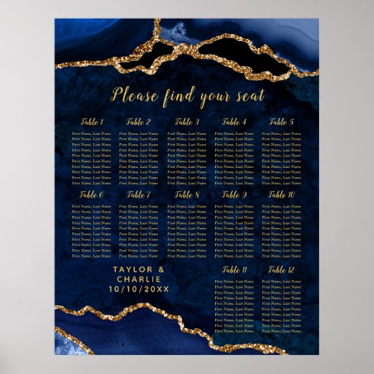 Navy Gold Agate Wedding Seating Chart 12 Table Poster (Vorne)