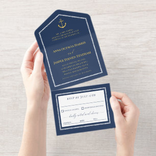 Navy Gold Anker Nautische Hochzeit  All-in-One-Einladung