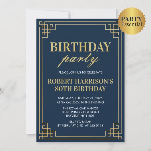 Navy Gold Art Deco 80th Birthday Party Invitation Einladung