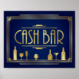 Navy Gold Art Deco CASH BAR Sign Print Poster