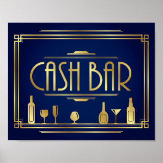 Navy Gold Art Deco CASH BAR Sign Print Poster