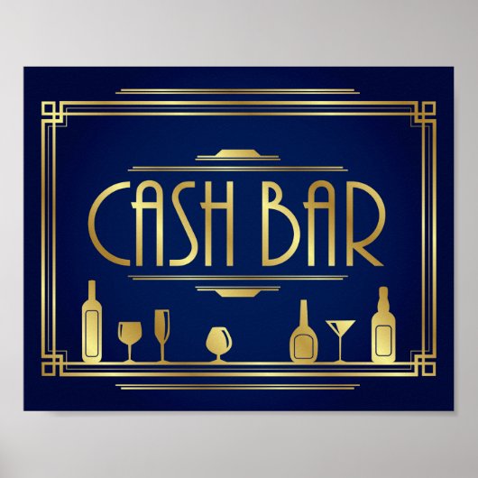 Navy Gold Art Deco CASH BAR Sign Print Poster (Vorne)