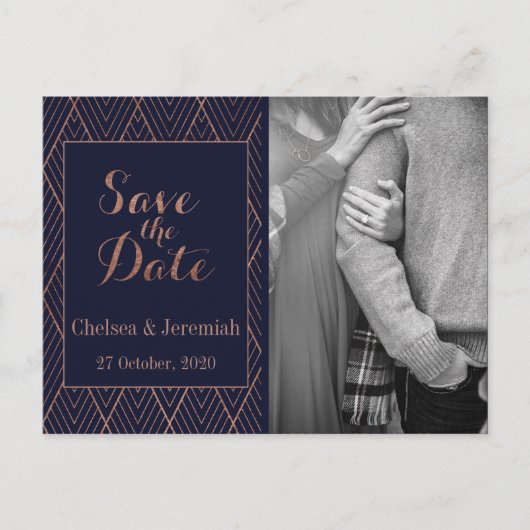 Navy Gold Art Deco Foto Save the Date Postkarte (Vorderseite)