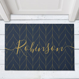 Navy Gold Art Deco Leaf Personalisierter Name Fußmatte