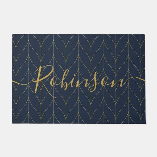 Navy Gold Art Deco Leaf Personalisierter Name Fußmatte (Vorderseite)