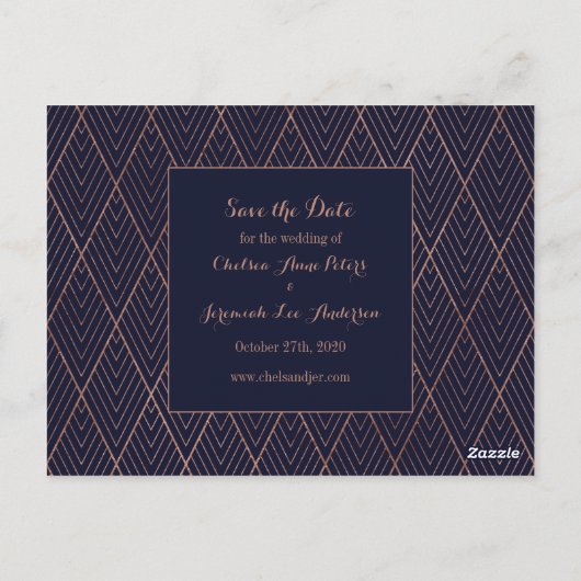 Navy Gold Art Deco Muster Save the Date Postkarte (Rückseite)