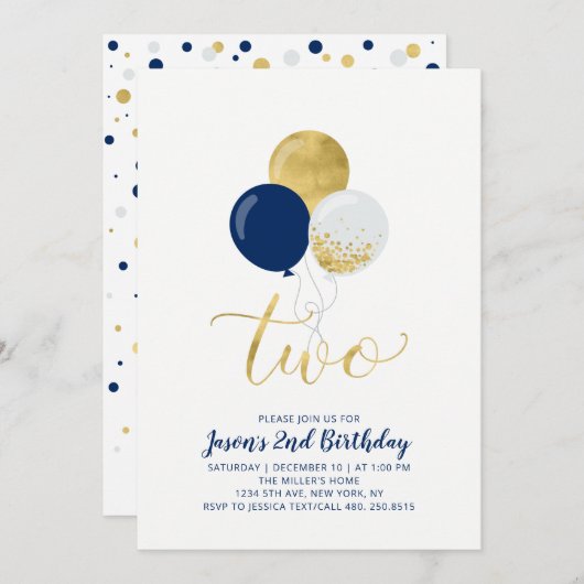 Navy & Gold Balloons | 2. Junge Geburtstag Einladung (Vorne/Hinten)